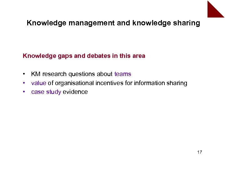 Knowledge management and knowledge sharing Knowledge gaps and debates in this area • KM