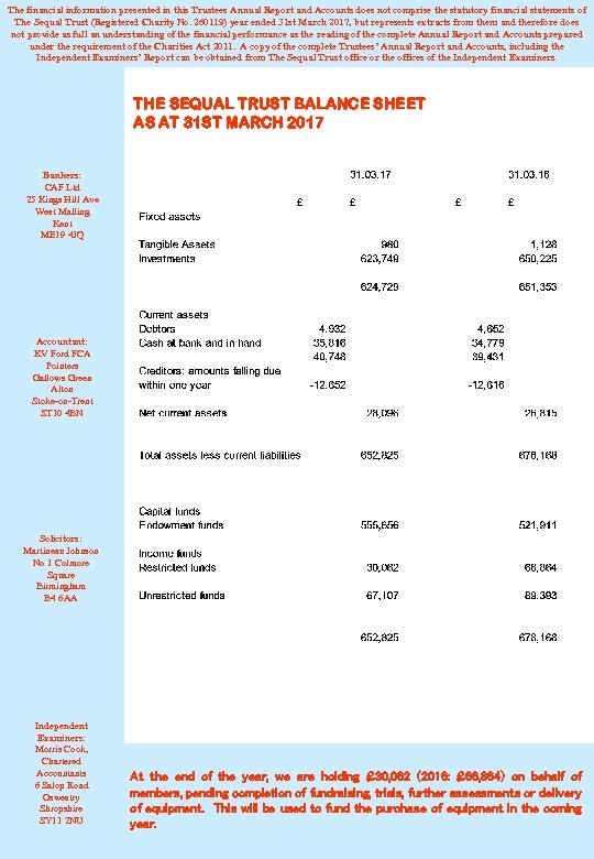 The financial information presented in this Trustees Annual Report and Accounts does not comprise