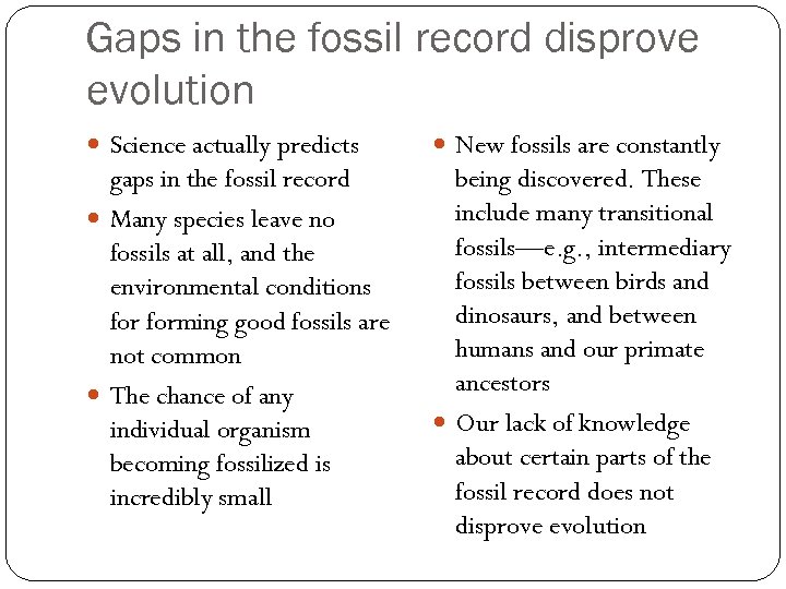 Gaps in the fossil record disprove evolution Science actually predicts New fossils are constantly