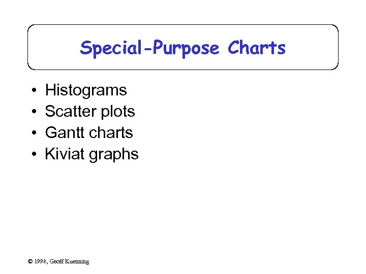Special-Purpose Charts • • Histograms Scatter plots Gantt charts Kiviat graphs © 1998, Geoff
