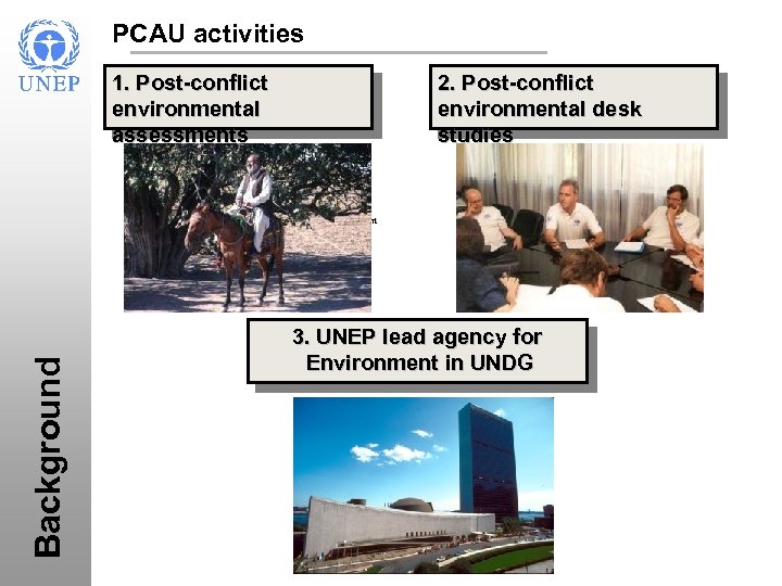 PCAU activities 1. Post-conflict environmental assessments 2. Post-conflict environmental desk studies Background PCAU Activities