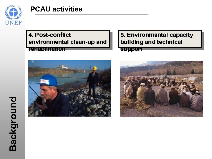 PCAU activities 4. Post-conflict environmental clean-up and rehabilitation 5. Environmental capacity building and technical