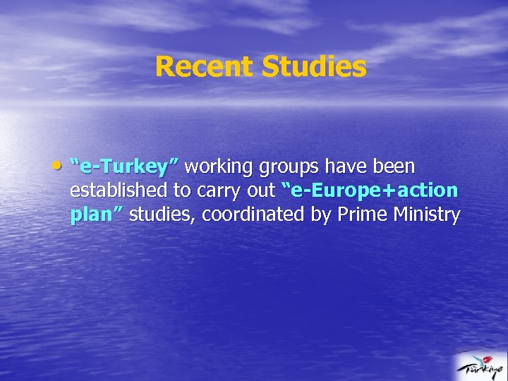 Recent Studies • “e-Turkey” working groups have been established to carry out “e-Europe+action plan”