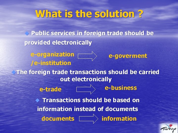 What is the solution ? u Public services in foreign trade should be provided