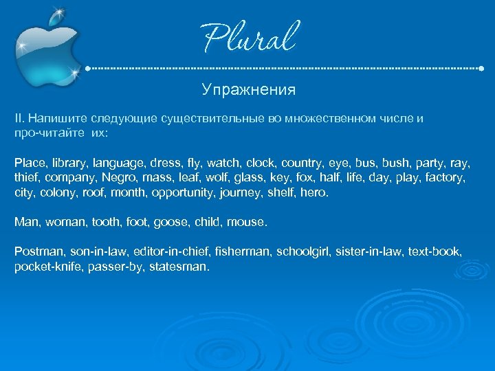 Plural Упражнения II. Напишите следующие существительные во множественном числе и про читайте их: Place,