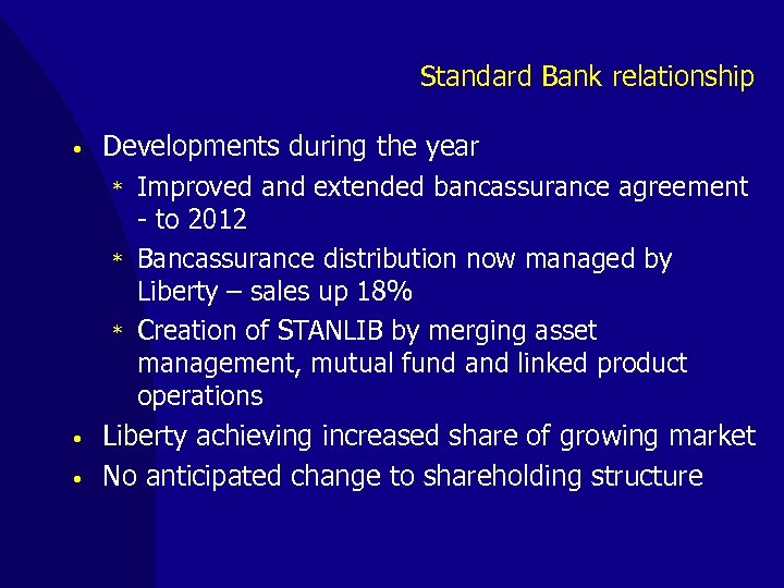 Standard Bank relationship • • • Developments during the year * Improved and extended