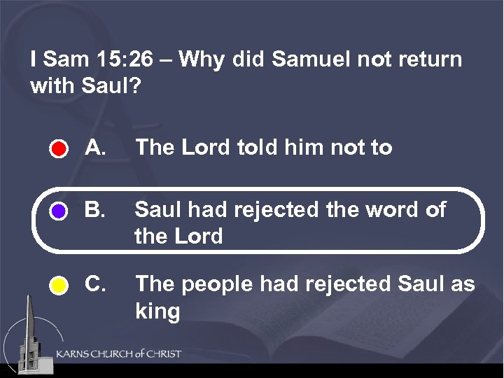 I Sam 15: 26 – Why did Samuel not return with Saul? A. The