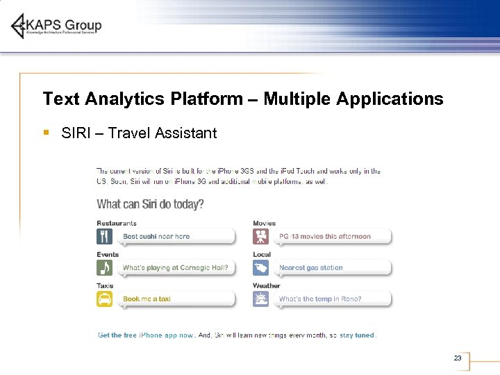 Text Analytics Platform – Multiple Applications § SIRI – Travel Assistant 23 