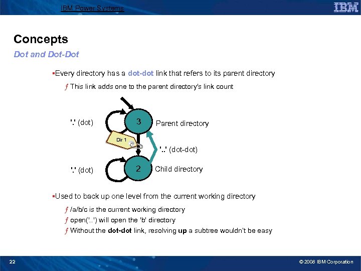 IBM Power Systems Concepts Dot and Dot-Dot §Every directory has a dot-dot link that