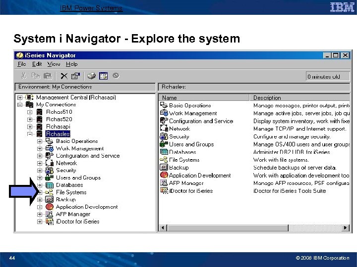 IBM Power Systems System i Navigator - Explore the system 44 © 2008 IBM