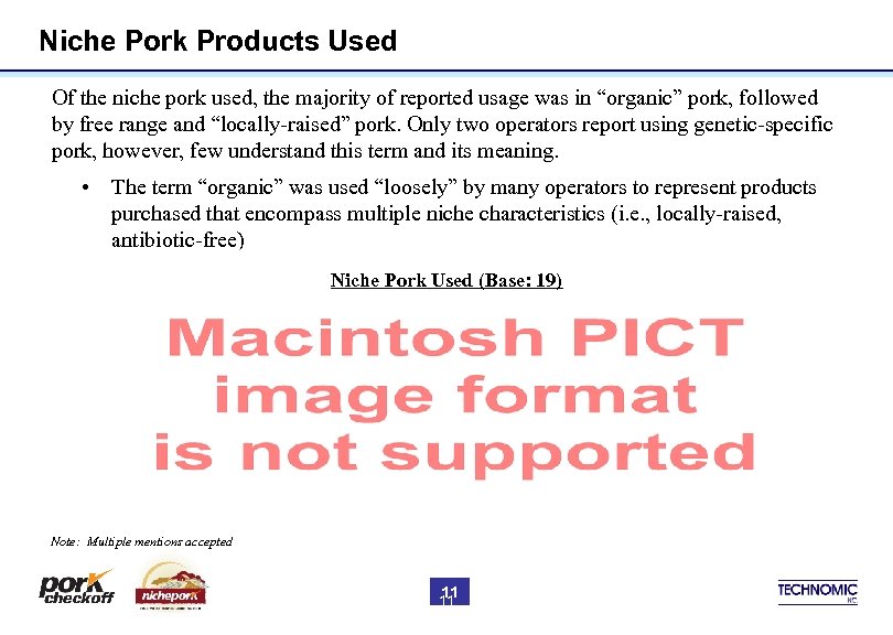 Niche Pork Products Used Of the niche pork used, the majority of reported usage