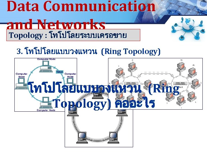 Data Communication and Networks Topology : โทโปโลยระบบเครอขาย 3. โทโปโลยแบบวงแหวน (Ring Topology) คออะไร www. pcbc.
