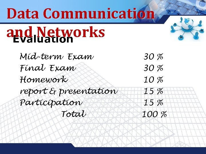 Data Communication and Networks Evaluation Mid-term Exam Final Exam Homework report & presentation Participation