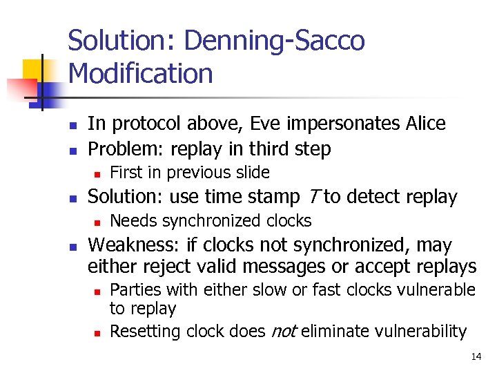 Solution: Denning-Sacco Modification n n In protocol above, Eve impersonates Alice Problem: replay in