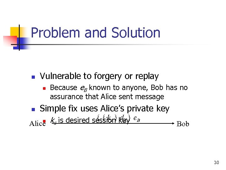 Problem and Solution n Vulnerable to forgery or replay n n Because e. B