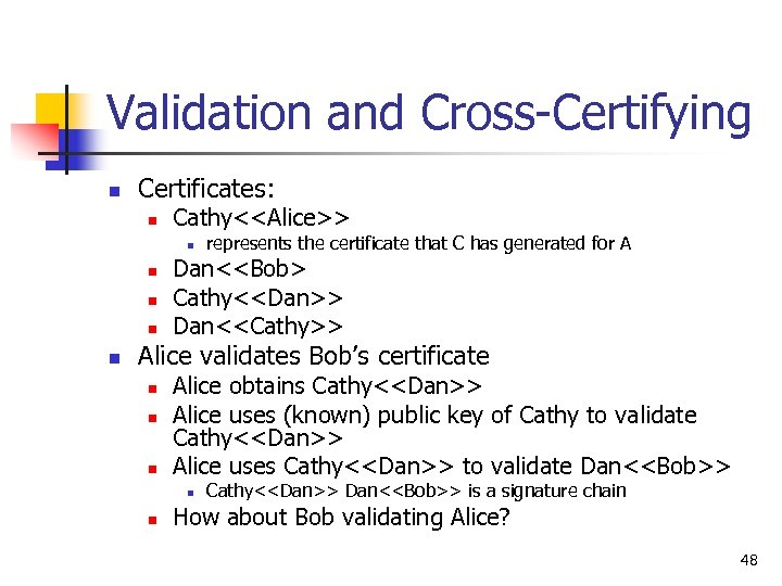 Validation and Cross-Certifying n Certificates: n Cathy<<Alice>> n n n represents the certificate that