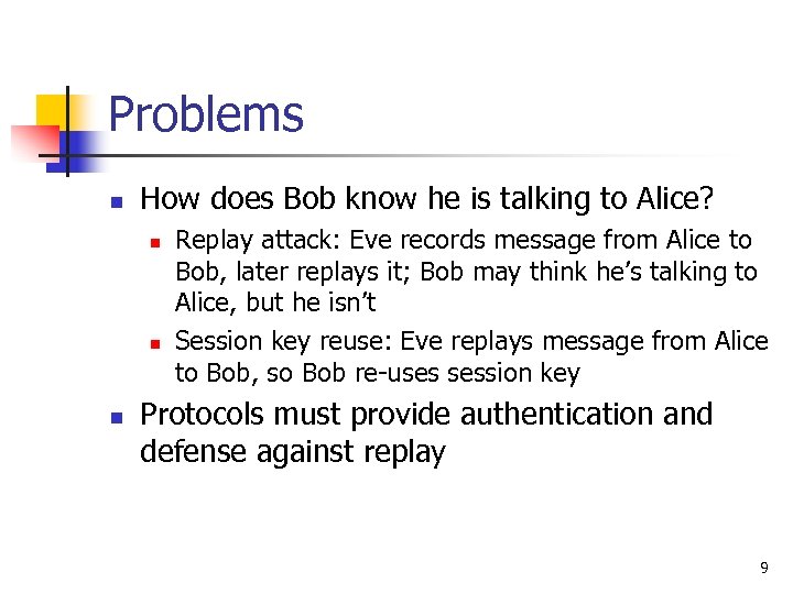 Problems n How does Bob know he is talking to Alice? n n n