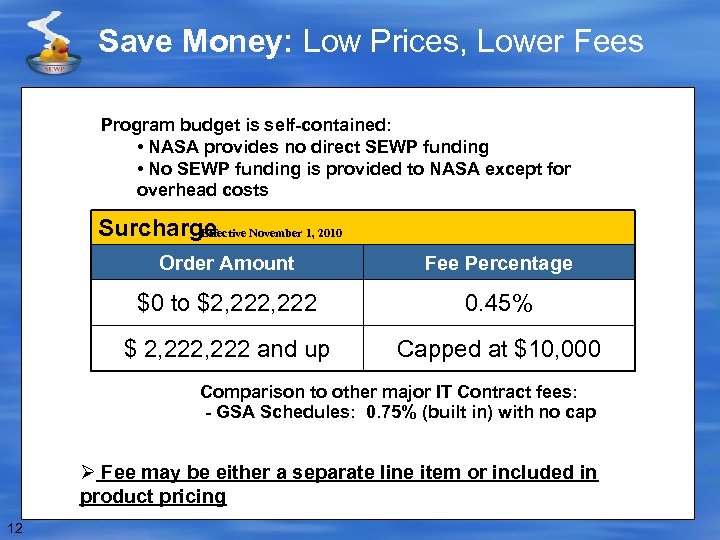 Save Money: Low Prices, Lower Fees Program budget is self-contained: • NASA provides no
