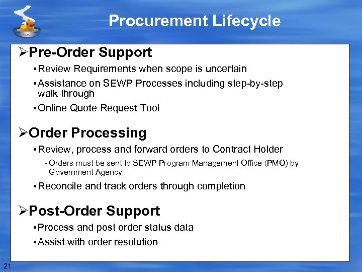 Procurement Lifecycle ØPre-Order Support • Review Requirements when scope is uncertain • Assistance on