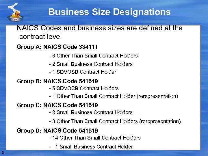 Business Size Designations NAICS Codes and business sizes are defined at the contract level