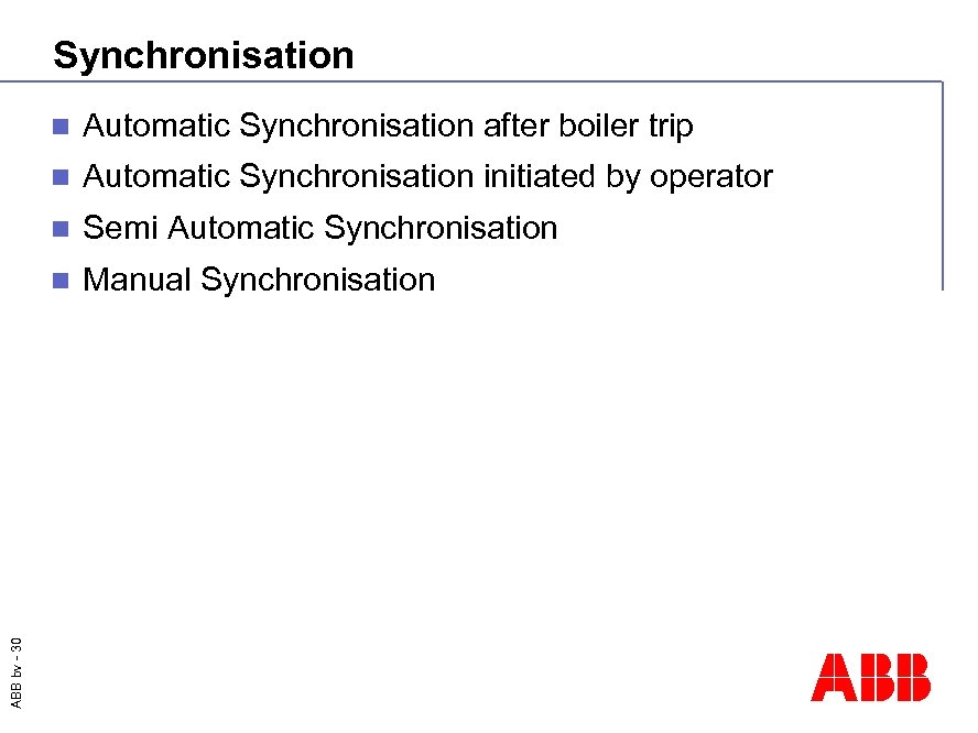 Functionality Power EMS Synchronisation Automatic Synchronisation after boiler trip Load Shedding Automatic Synchronisation initiated