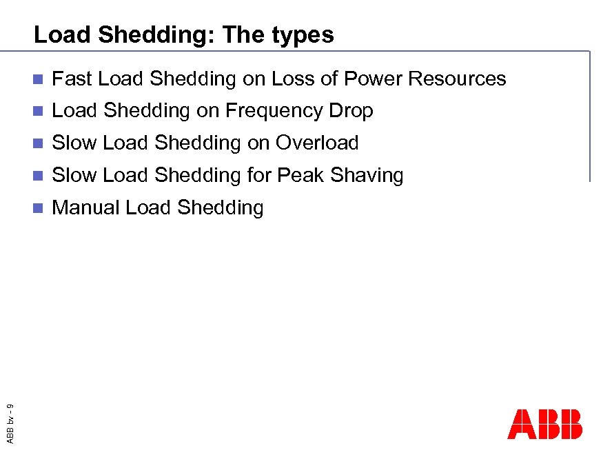 Load Shedding: The types Fast Load Shedding on Loss of Power Resources n Load