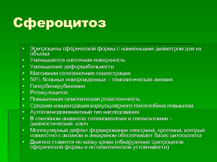 Сфероцитоз § Эритроциты сферической формы с наименьшим диаметром для их объема § Уменьшается клеточная