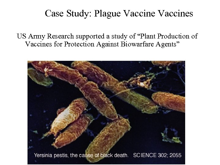 Case Study: Plague Vaccines US Army Research supported a study of “Plant Production of