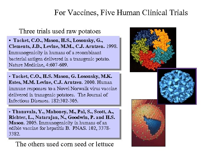 For Vaccines, Five Human Clinical Trials Three trials used raw potatoes • Tacket, C.