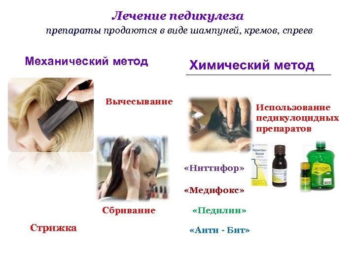 Лечение педикулеза препараты продаются в виде шампуней, кремов, спреев препараты Механический метод Химический метод