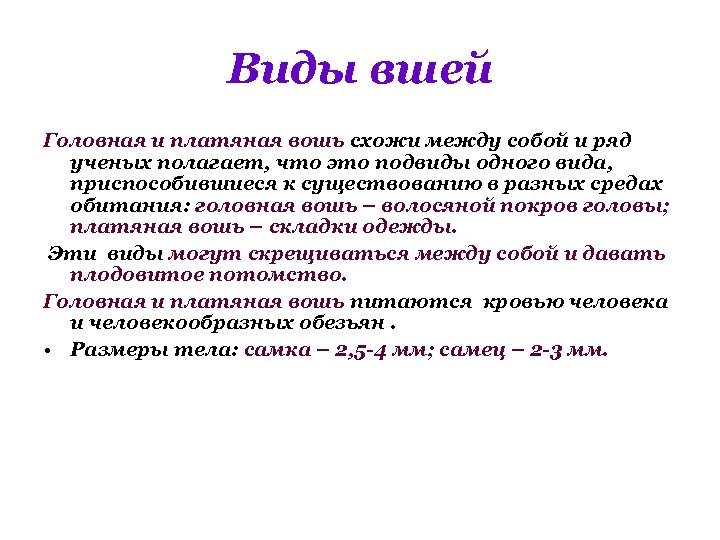 Виды вшей Головная и платяная вошь схожи между собой и ряд ученых полагает, что