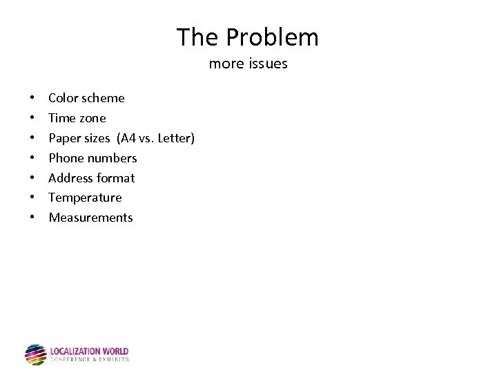 The Problem more issues • • Color scheme Time zone Paper sizes (A 4