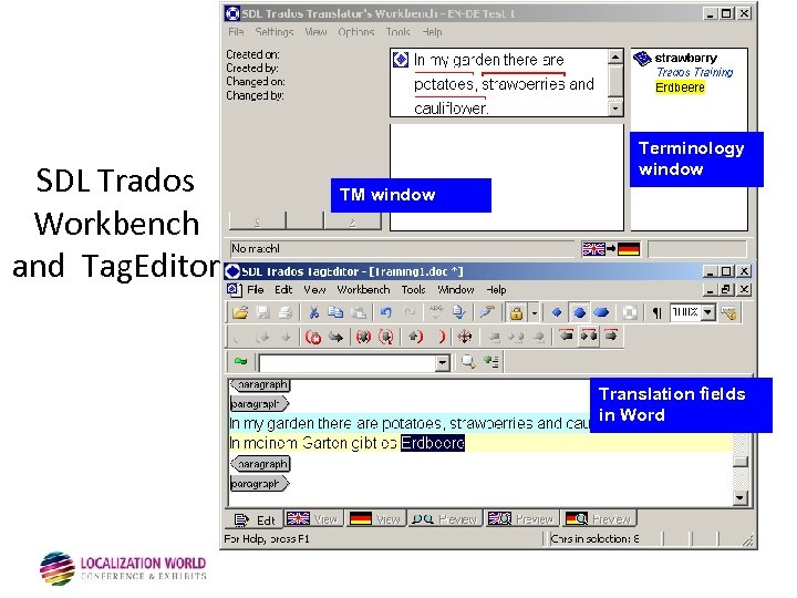 SDL Trados Workbench and Tag. Editor Terminology window TM window Translation fields in Word