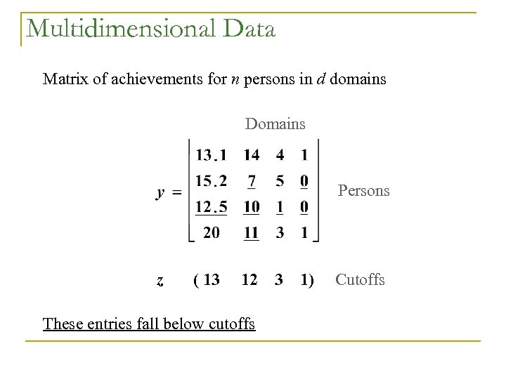 Multidimensional Data Matrix of achievements for n persons in d domains Domains Persons z