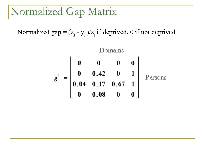 Normalized Gap Matrix Normalized gap = (zj - yji)/zj if deprived, 0 if not