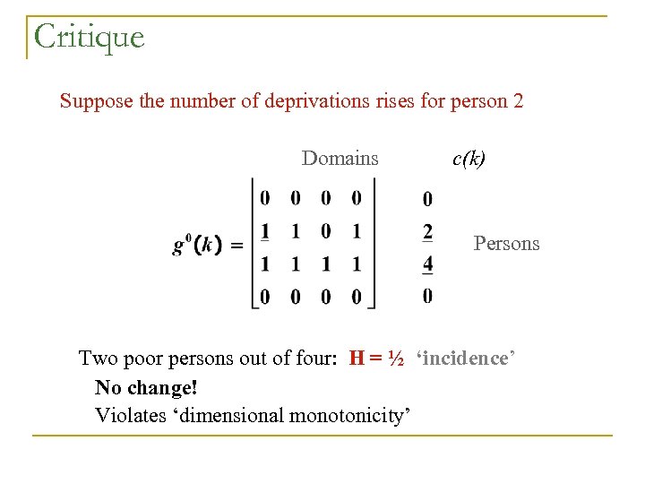 Critique Suppose the number of deprivations rises for person 2 Domains c(k) Persons Two