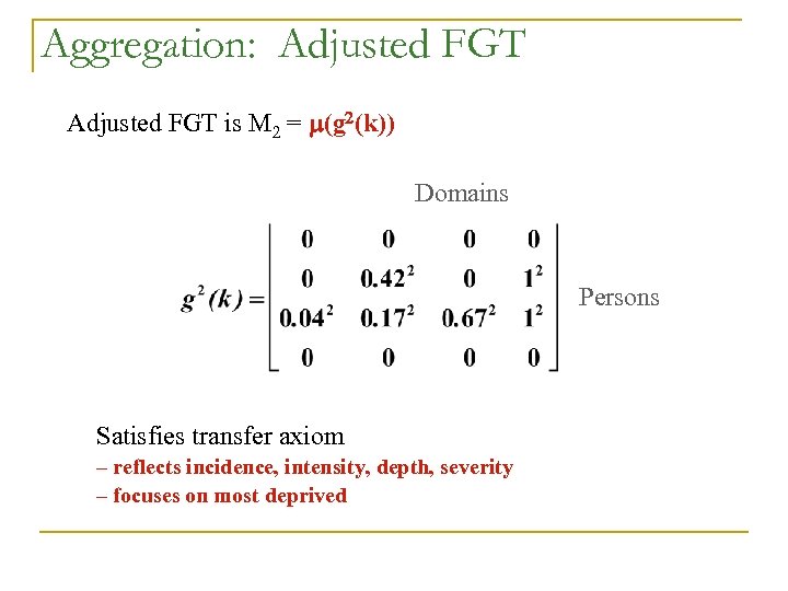 Aggregation: Adjusted FGT is M = m(g 2(k)) Domains Persons Satisfies transfer axiom –