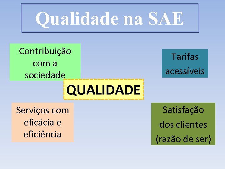 Qualidade na SAE Contribuição com a sociedade Tarifas acessíveis Serviços com eficácia e eficiência