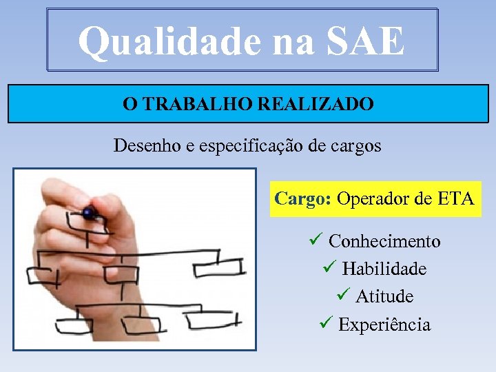 Qualidade na SAE O TRABALHO REALIZADO Desenho e especificação de cargos Cargo: Operador de