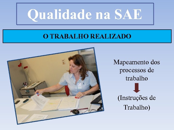 Qualidade na SAE O TRABALHO REALIZADO Mapeamento dos processos de trabalho (Instruções de Trabalho)