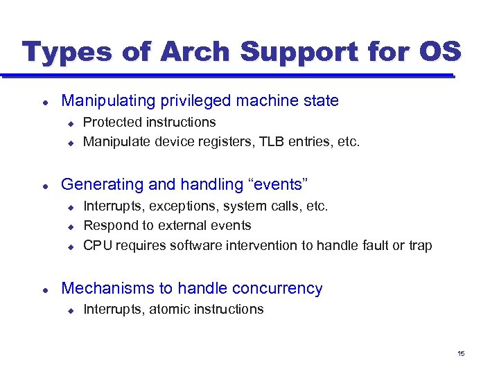 Types of Arch Support for OS l Manipulating privileged machine state u u l