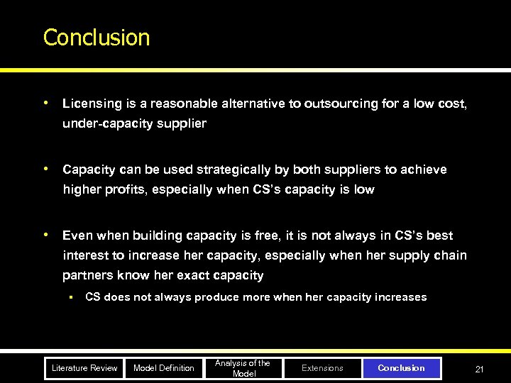 Conclusion • Licensing is a reasonable alternative to outsourcing for a low cost, under-capacity