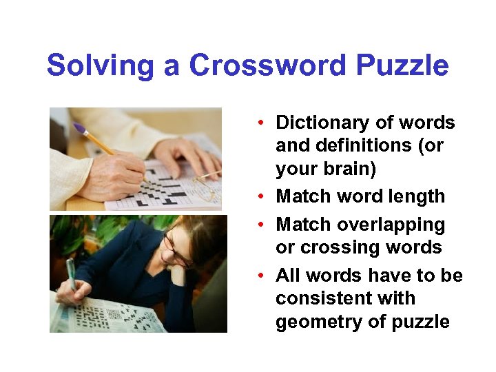 Solving a Crossword Puzzle • Dictionary of words and definitions (or your brain) •