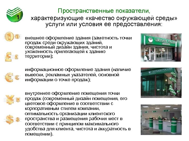 1 Пространственные показатели, характеризующие «качество окружающей среды» услуги или условия ее предоставления: внешнее оформление