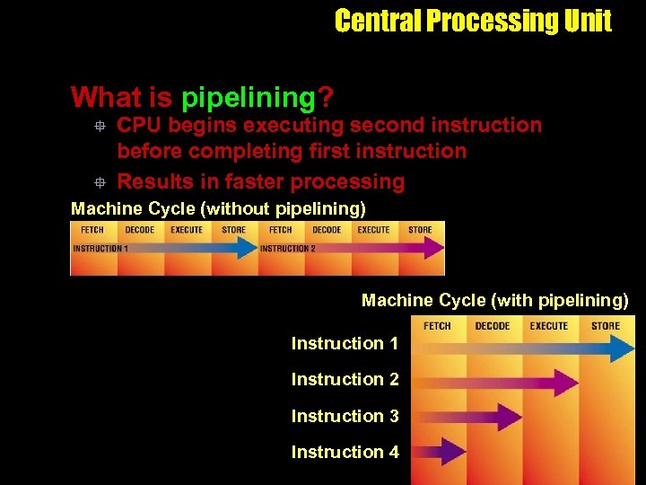 Central Processing Unit What is pipelining? ° ° CPU begins executing second instruction before