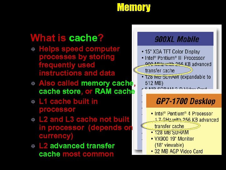 Memory What is cache? ° ° ° Helps speed computer processes by storing frequently