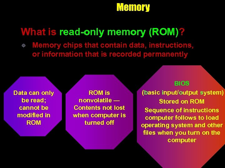 Memory What is read-only memory (ROM)? ° Memory chips that contain data, instructions, or