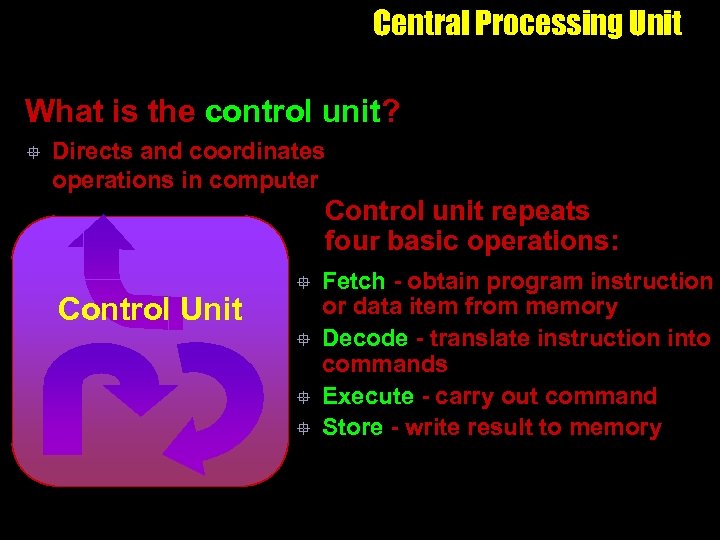 Central Processing Unit What is the control unit? ° Directs and coordinates operations in