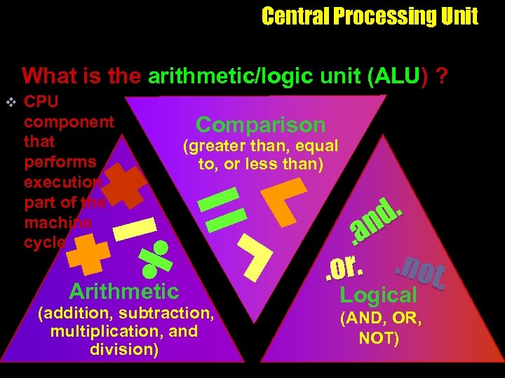 Central Processing Unit What is the arithmetic/logic unit (ALU) ? v CPU component that