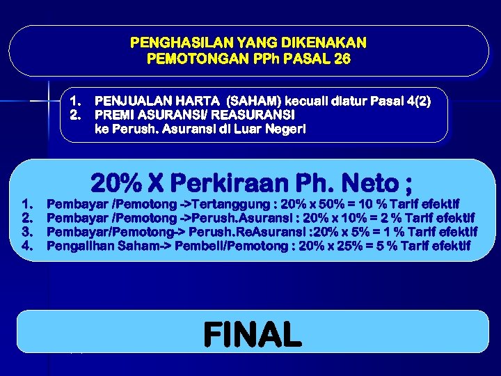 PENGHASILAN YANG DIKENAKAN PEMOTONGAN PPh PASAL 26 1. 2. 3. 4. PENJUALAN HARTA (SAHAM)